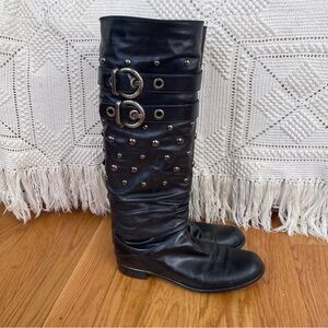 Gatling Knee High boots with gunmetal studs and buckles